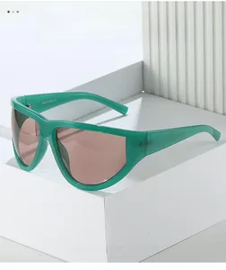Detail showing bright green futuristic oversized frame with CE mark on the temple