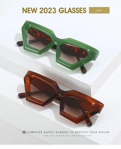 Macro shot of geometric polygon frame computer safety glasses on a white display stand