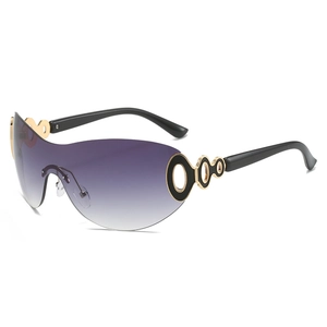 Y2K shield sunglasses with purple gradient lenses and black decorative frames