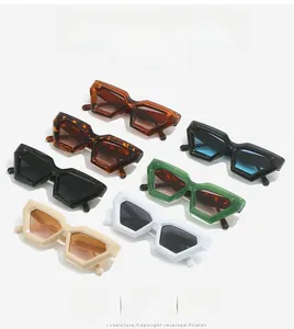 Group display of modern geometric rhombus sunglasses in seven diverse fashion colors