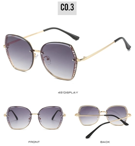 Cat eye sunglasses detail with purple gradient lenses and gold frames from multiple angles