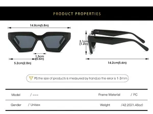 Detailed size chart for unisex geometric rhombus sunglasses with frame dimensions in cm
