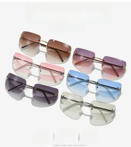 Detailed view of six rimless Y2K sunglasses with rhinestone butterfly accents in various colors