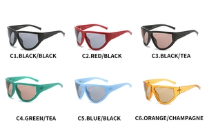 Grid view showcasing a collection of Y2K futuristic wrap-around sports sunglasses in six colors