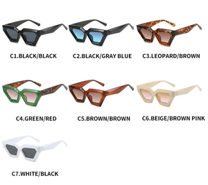 Grid view showing seven colors of geometric irregular frame sunglasses on white background