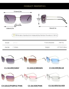 Detailed size chart for rimless Y2K butterfly sunglasses with specific frame dimensions