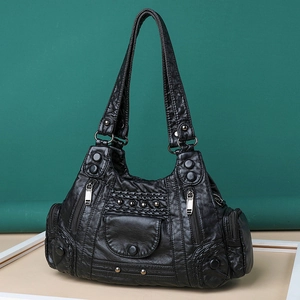 Black vintage textured PU leather handbag with woven details and multiple pockets