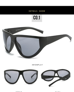 Three-view details of cyberpunk shield sunglasses with wide temples and grey lenses