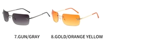 Detail of rimless butterfly sunglasses with rhinestones in gunmetal grey and golden orange