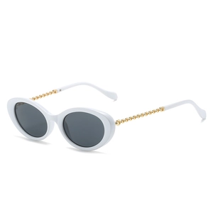 Oval sunglasses with white frames and gold chain temples shown in a flat front view