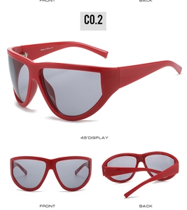 Three-view display of bright red cyberpunk Y2K visor sunglasses with light gray lenses