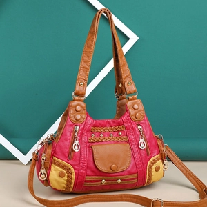 Retro multi-color patchwork PU leather handbag with red texture and adjustable shoulder strap
