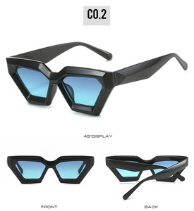 Multiple angles showing the geometric black frames and blue-purple gradient lenses