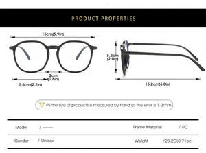 Detailed size chart for TR90 large frame anti-blue light glasses showing dimensions and weight