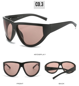 Three-angle view of futuristic Y2K shield sunglasses with black frames and tinted lenses