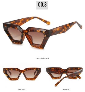 Detailed views of geometric tortoise shell sunglasses with brown gradient lenses