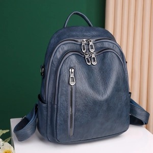 Classic dark blue soft PU leather backpack with multiple functional zipper compartments