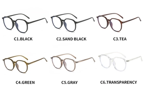 Detailed grid view showcasing six colors of TR90 anti-blue light glasses frames for women