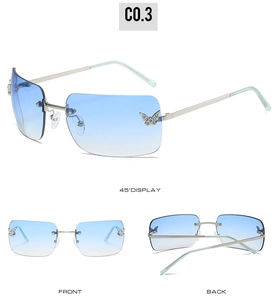 Three-view display of rimless Y2K butterfly sunglasses with blue gradient rhinestone lenses