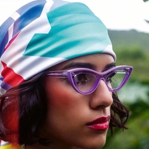 Stylish translucent purple cat-eye blue light glasses with colorful silk scarf headband