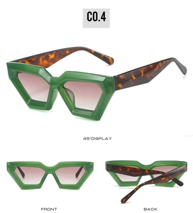 Detailed views of geometric green sunglasses with tortoiseshell temples and gradient lenses