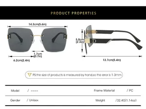 Detailed size specifications for square rimless sunglasses with gradient lenses