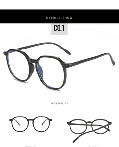 Detailed views of TR90 black round anti-blue light glasses from front, back and 45-degree angles