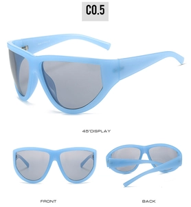 Three-way view of light blue Y2K shield sunglasses with futuristic oversized grey lenses