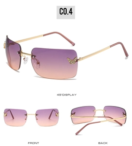 Three-angle view of rimless butterfly sunglasses with purple-orange gradient lenses