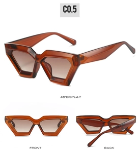 Detailed views of amber brown geometric cat eye sunglasses from front side and back angles