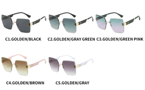 Detail view of colorful rimless square sunglasses with golden metal D-logo temples