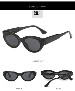 Vue sous trois angles de lunettes de soleil œil-de-chat noires vintage à monture brillante