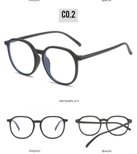 Multi-angle view of black TR90 anti-blue light glasses showing front, back, and 45-degree angle