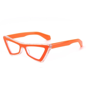 Cat eye blue light blocking glasses with orange glitter frames in a 45-degree angle view