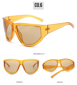 Three-angle view of orange cyberpunk Y2K visor sunglasses with brown lenses and wide frame