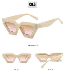 Multi-angle view of cream geometric sunglasses featuring pink gradient lenses and sharp edges