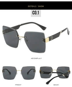 Frameless square sunglasses with grey lenses and metal D logo on wide black temples