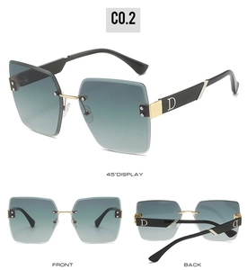 Detail view of rimless square sunglasses with gradient lenses and silver D logo temples