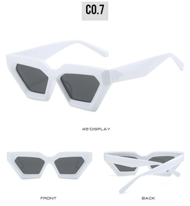 Three-angle view of white geometric cat-eye sunglasses with dark lenses and front display