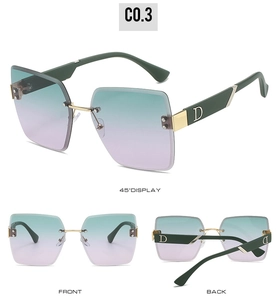 Detailed views of rimless sunglasses with blue-purple gradient lenses and gold D-logo
