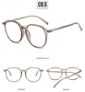 Three-way view of transparent tea TR90 glasses frames showing front and side angles