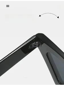 Detail of durable metal hinges on glossy black rhomboid sunglasses for women and men