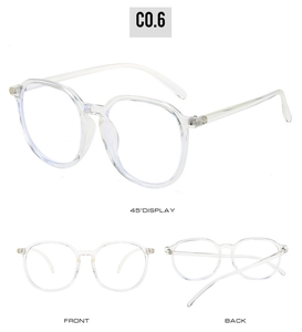 Three perspectives of transparent TR90 round frame blue light glasses in clear finish