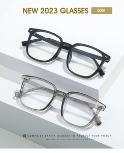 Macro view of TR90 square glasses frames in black and clear grey on geometric steps