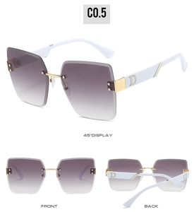 Three-angle views of rimless gradient purple sunglasses with golden bridge and D logo