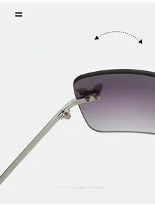 Detail of durable texture metal hinge and purple gradient lens on Y2K rimless sunglasses