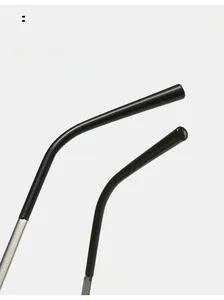 Detail view of the curved silver metal and black acetate temples for comfortable wear