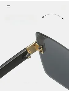 Macro detail showing durable golden metal hinges on rimless square sunglasses