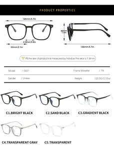 Detailed size chart for lightweight retro TR frames with dimensions and color options
