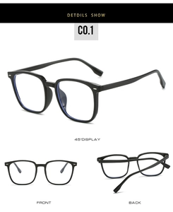 Three-view display of black TR90 eyewear frames with silver rivet detail and sleek finish